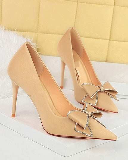 Rhinestone Bow Stiletto Heel Pumps Pointed High Heels