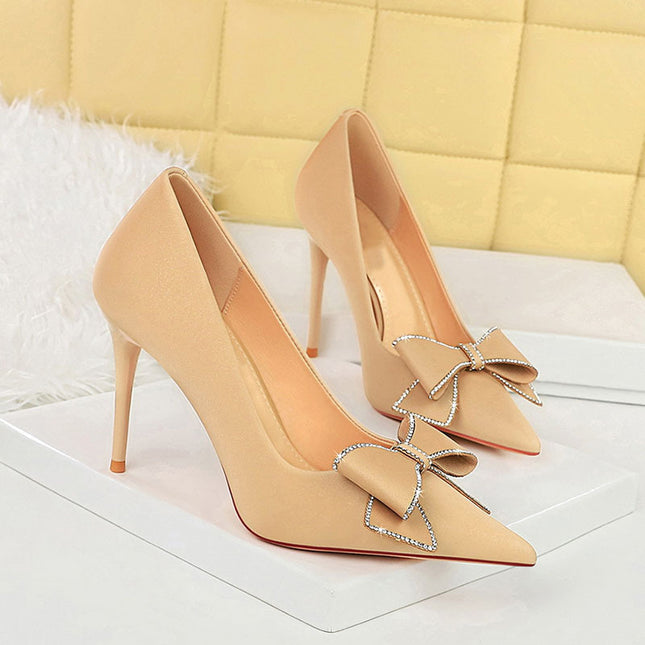 Rhinestone Bow Stiletto Heel Pumps Pointed High Heels
