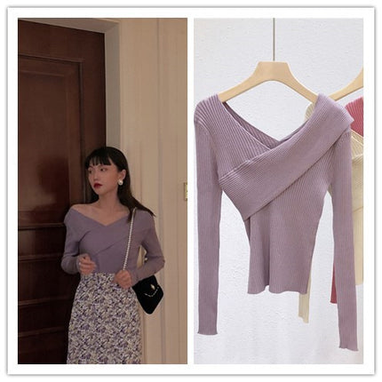 Crossbody Off-the-shoulder V-neck Cross-wire Knitted Sweater