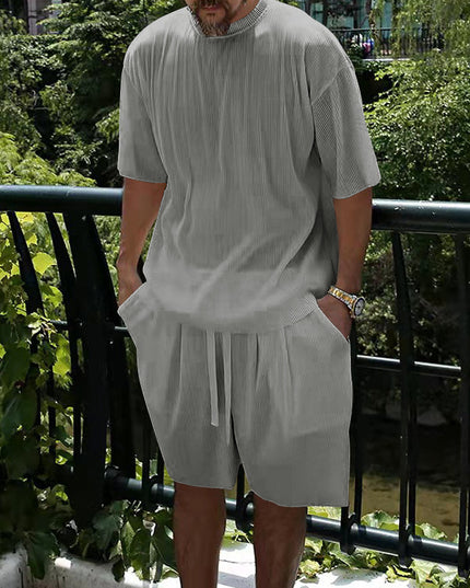 Ice Silk Sunken Stripe Loose Short Sleeve Shorts Men's Casual Suit