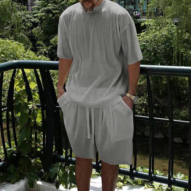 Ice Silk Sunken Stripe Loose Short Sleeve Shorts Men's Casual Suit