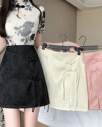 High Waist Slimming New Chinese Style Buckle Jacquard Skirt