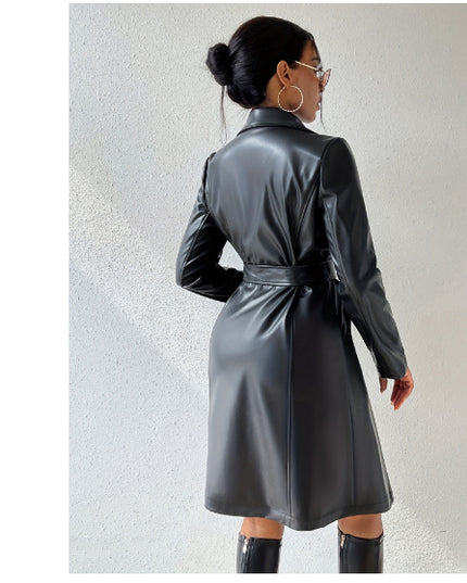 PU Long Sleeve Women's Slim Fit Long Trench Coat