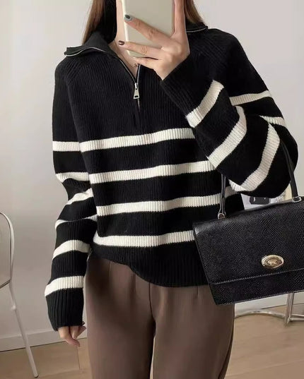 Casual Half Zipper And Lapel Coat Women's Striped Long-sleeved Sweater