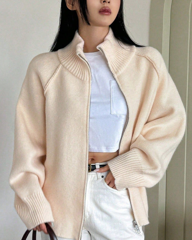 Solid Color Stand Collar Zipper Knitted Cardigan Top
