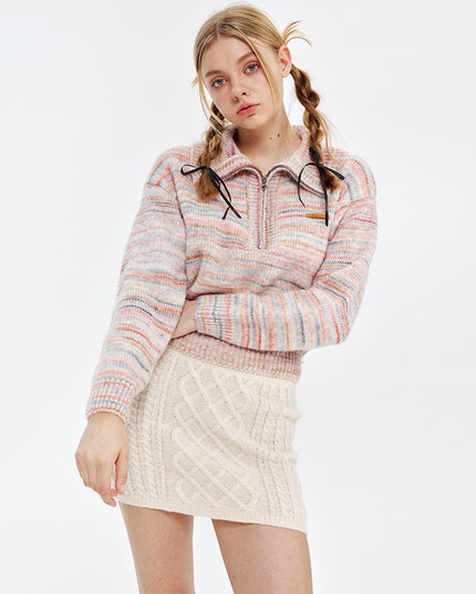 Lapel Short Sweet Half Zip Sweater For Women Striped Minimalist