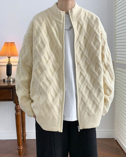 Casual Stand Collar Solid Color Autumn And Winter New Cardigan Cable-knit Sweater Men
