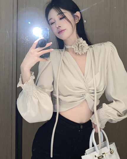 Women's Short Lace-up Kink Puff Sleeve Shirt Top