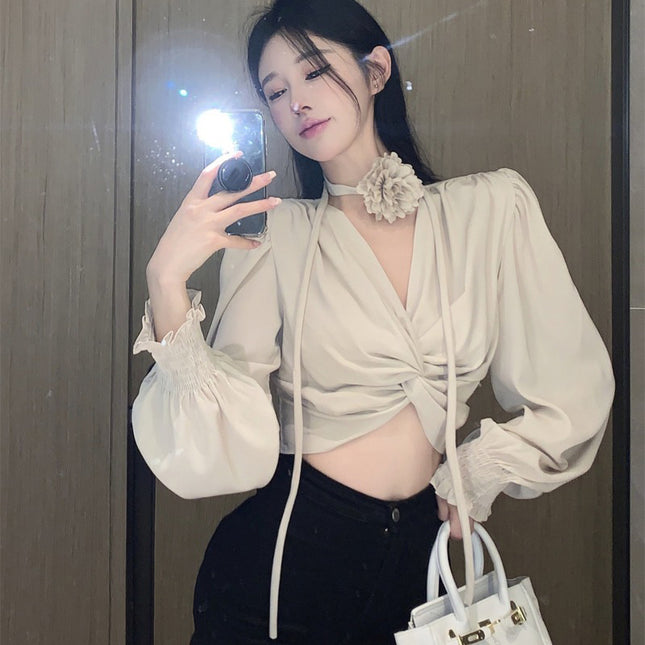 Women's Short Lace-up Kink Puff Sleeve Shirt Top