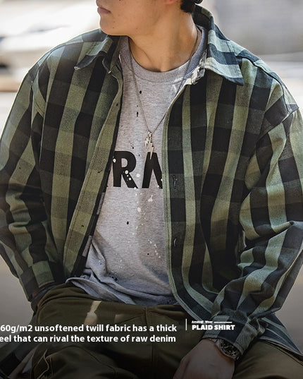 American Retro Plaid Loose Shirt Coat Men