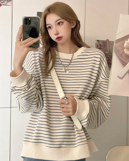 Korean Style Loose Design Striped Top Round Neck