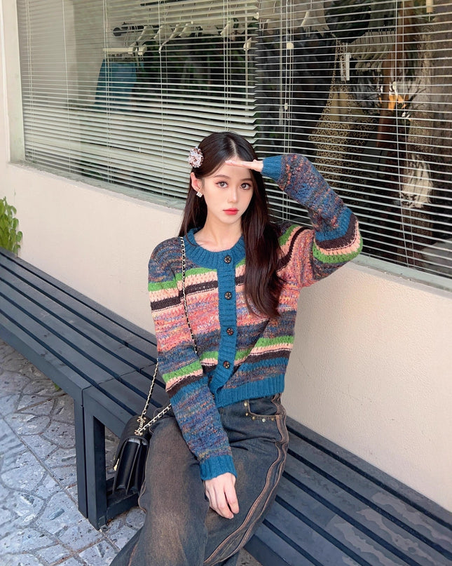 Women's Top Gradient Rainbow Striped Long-sleeve Cardigan Sweater