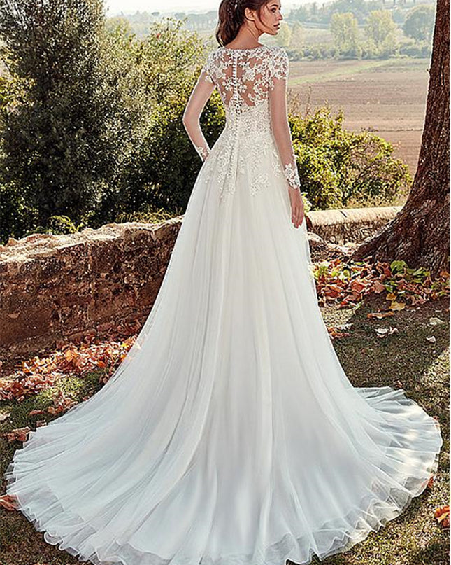 High U-neck Lace Long Sleeve A- Line Long Tail Simple Wedding Dress