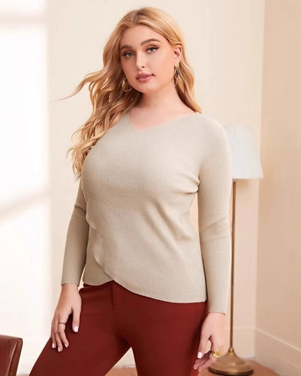 Plus Size Women's Knit Sweater V-Neck Cross Hem Long Sleeve Tunic Top For Fall Winter