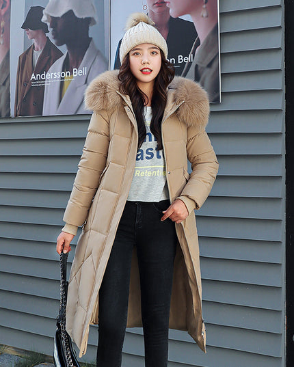 Waist-in-knee Padded Quilted Jacket With Thick Fur Collar
