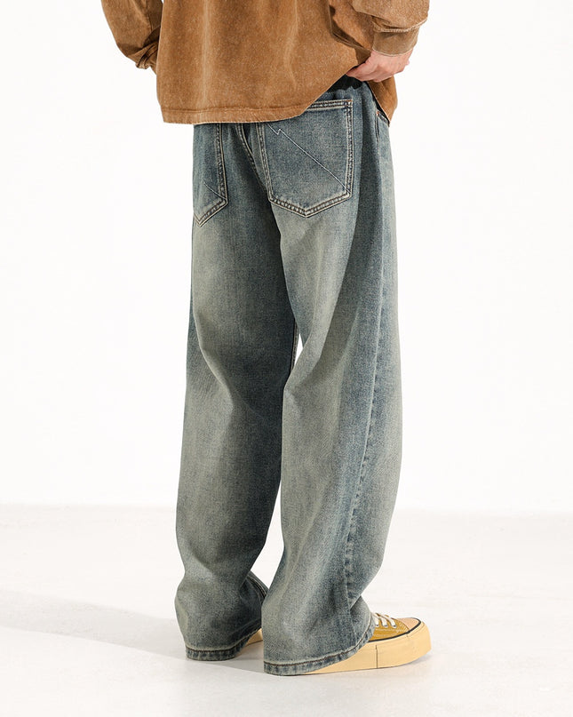 Washed Worn Men's Loose Wide-Leg Jeans | Straight Fit Blue Denim Pants