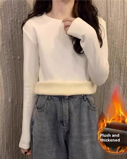 Plus Velvet White Bottoming Shirt Women's Inner Match Mid-length Loose T-shirt