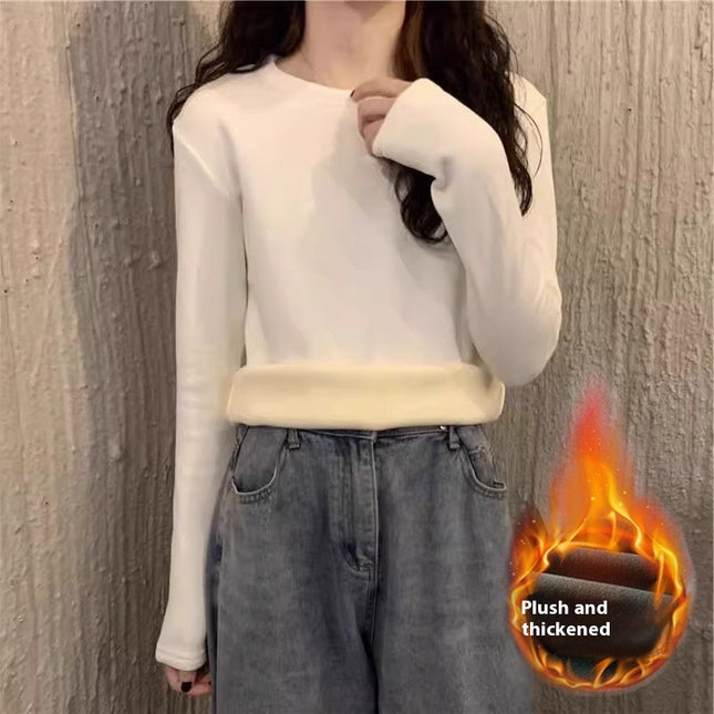 Plus Velvet White Bottoming Shirt Women's Inner Match Mid-length Loose T-shirt
