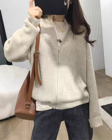 New Outdoor Idle Style Solid Color Zipper Knitted Cardigan Top