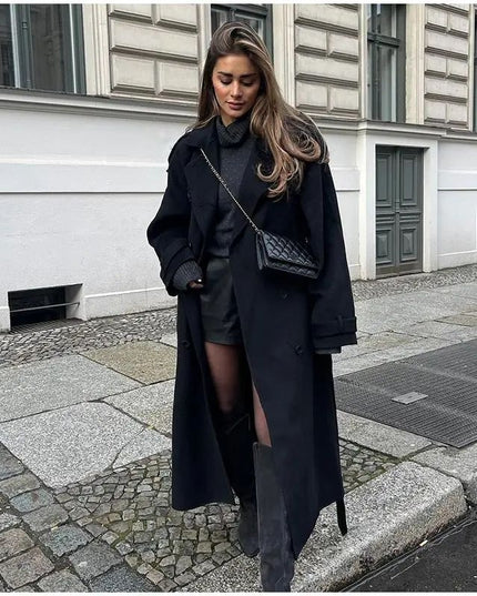 Women's Fashion With Belt Wool Large Coat