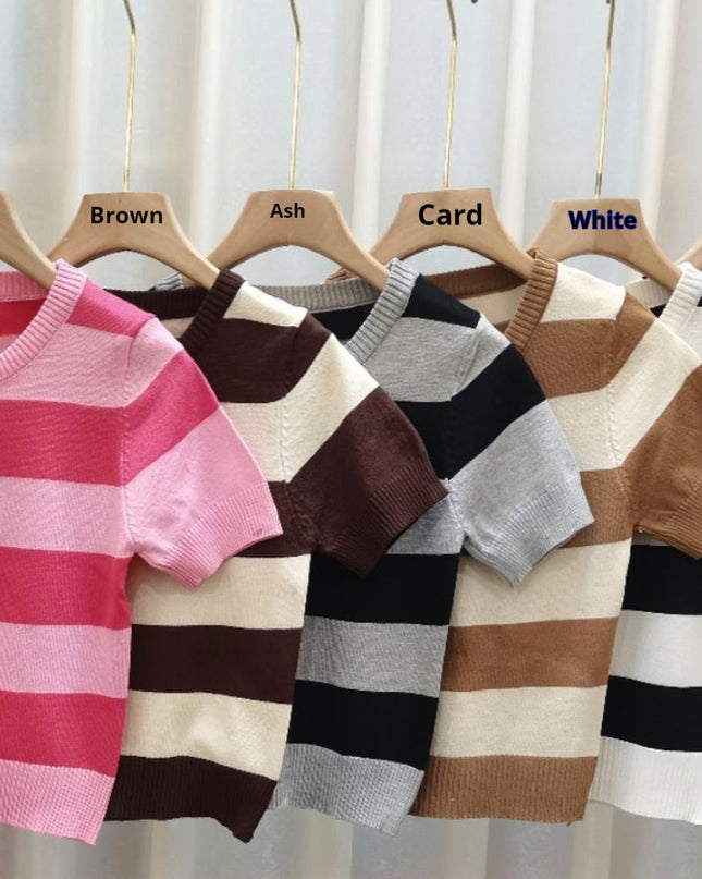 Summer New Striped Short Sleeve Women Slim Fit Slimming Top