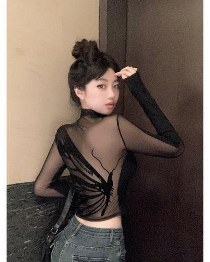 Spring And Autumn American Hot Girl Chic Mesh Short Stitching Long Sleeve