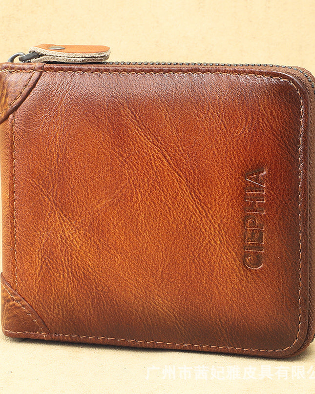 Men's Wallet Leather Short Anti-theft Swiping Zipper Multifunctional