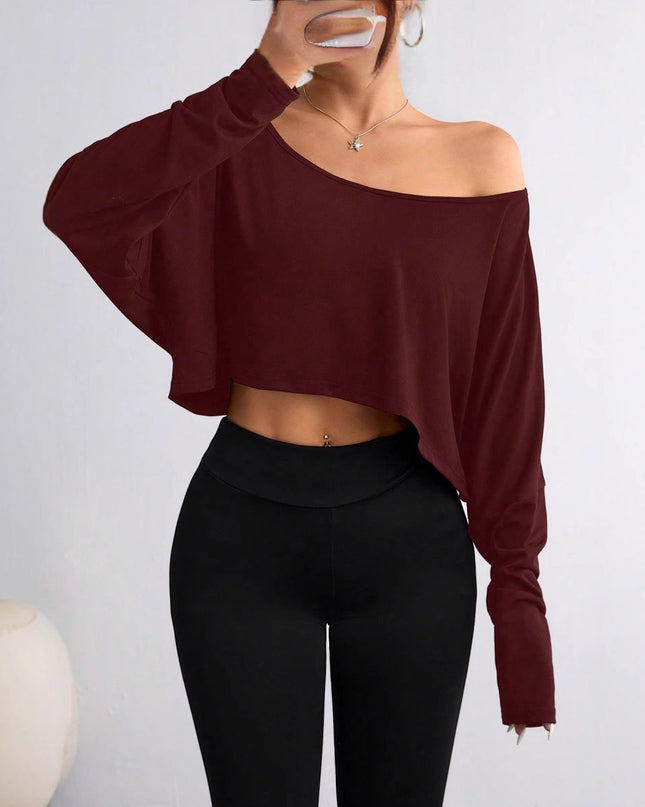 Solid Color Shoulder Long Sleeve Loose-fitting Cropped Top