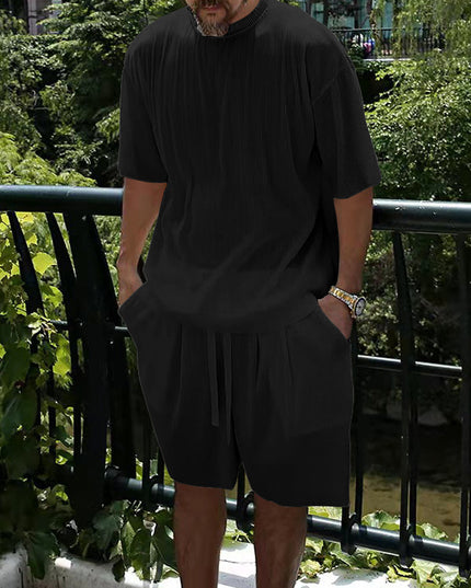Ice Silk Sunken Stripe Loose Short Sleeve Shorts Men's Casual Suit