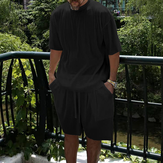 Ice Silk Sunken Stripe Loose Short Sleeve Shorts Men's Casual Suit