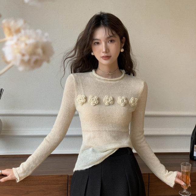 Micro Transparent Flower Sweater New Korean Version Elegant Round Neck Knitted Top