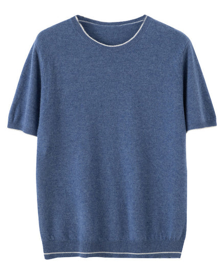 Pure Wool Half Sleeve Men's Color-block Crew Neck Knitted Short Sleeve