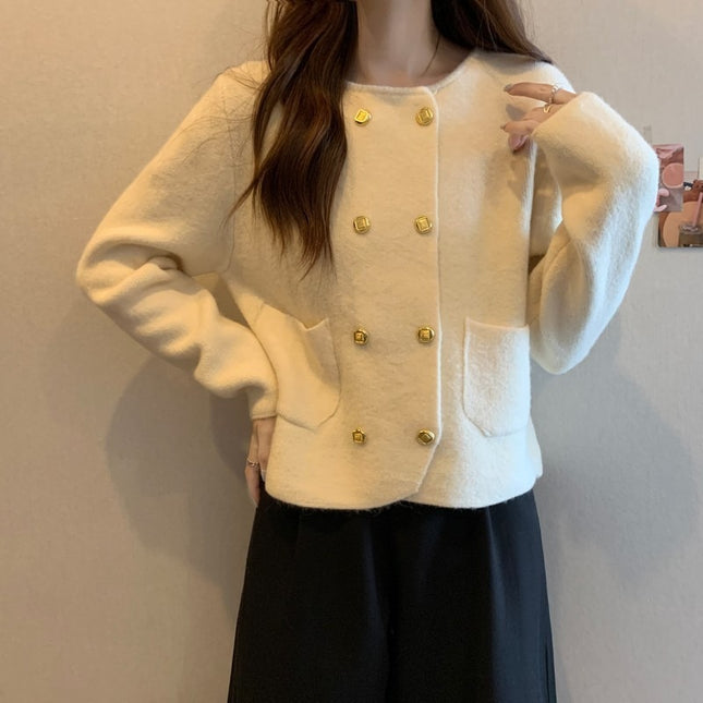 Solid Color Double Breasted Round Neck Knitted Cardigan