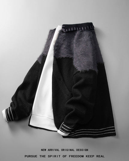 Color Contrast Patchwork Cardigan Knitted Coat Men's Loose Casual Sweater