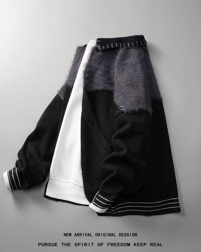 Color Contrast Patchwork Cardigan Knitted Coat Men's Loose Casual Sweater