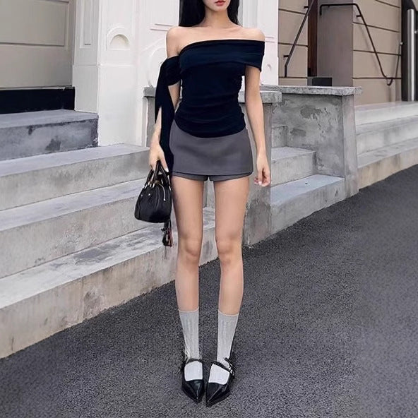 Navy Blue Ribbon Off-shoulder Short Sleeve