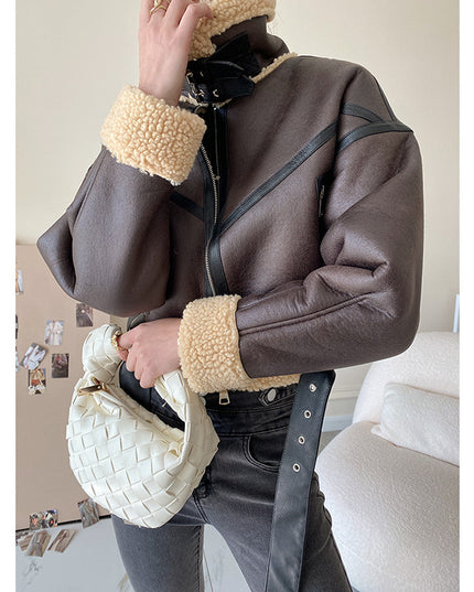 Short PU Lamb Fur Coat Women's Versatile Thickened
