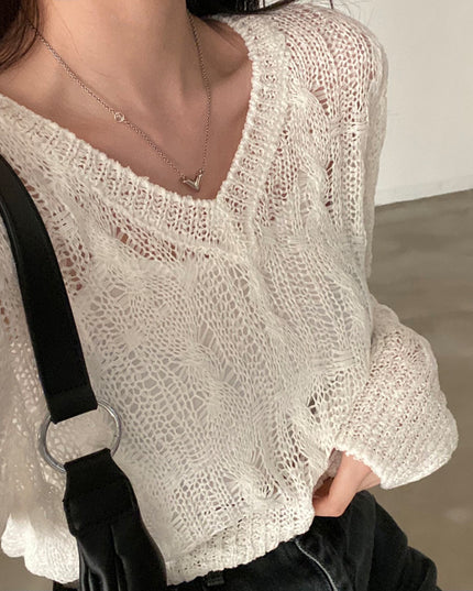Retro V-neck Thin Cropped Pullover Sweater