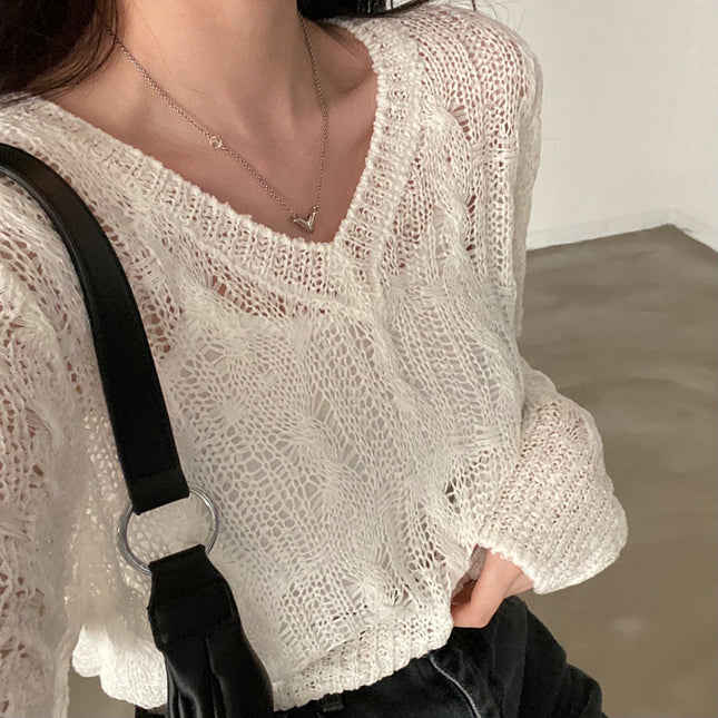 Retro V-neck Thin Cropped Pullover Sweater
