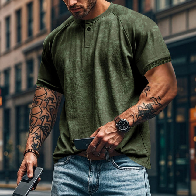 Retro Distressed Henry Collar Short Sleeve Men's T-shirt Heavy Slim Fit Raglan American Style Men's Short Sleeve