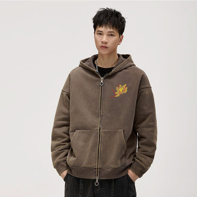 Autumn & Winter Fleece-Lined Vintage Chinese Style Embroidered Hoodie for Men