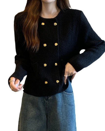 Solid Color Double Breasted Round Neck Knitted Cardigan
