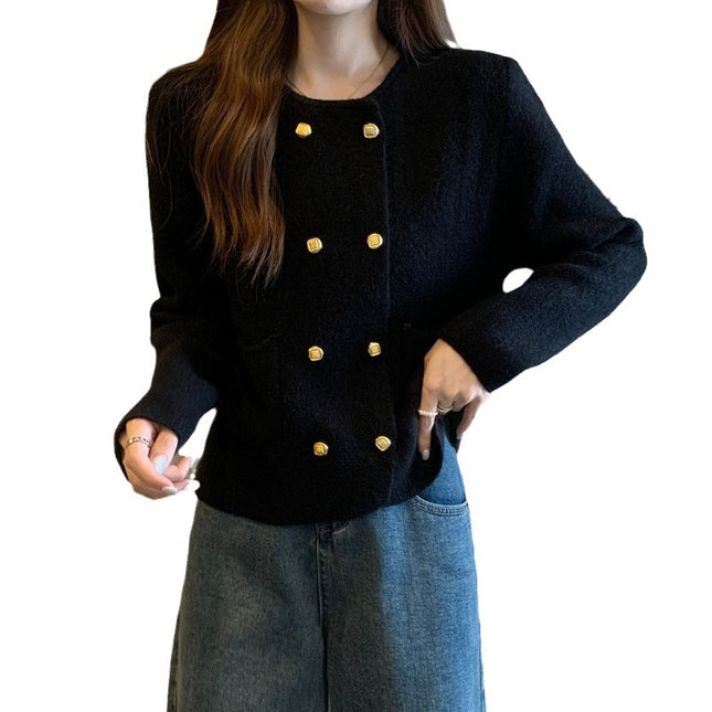 Solid Color Double Breasted Round Neck Knitted Cardigan