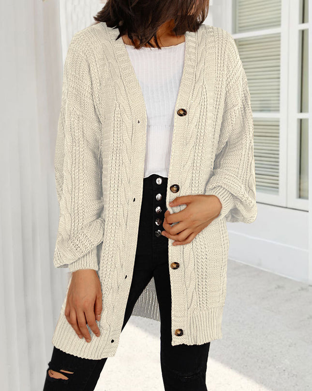Autumn New Knitted Solid Color Plus Size Cardigan V-neck Twist Lantern Sleeve Coat For Women