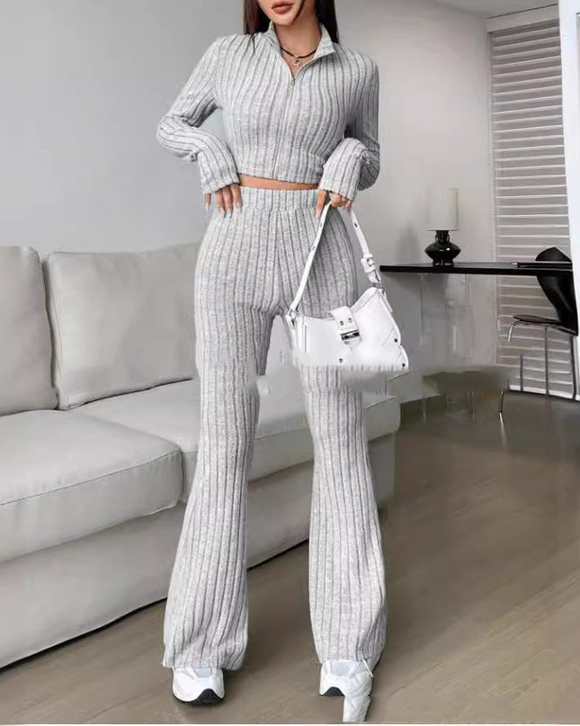 Solid Color Knitted Long Sleeve Turtlenecks Wide Leg High Waist Trousers Suit