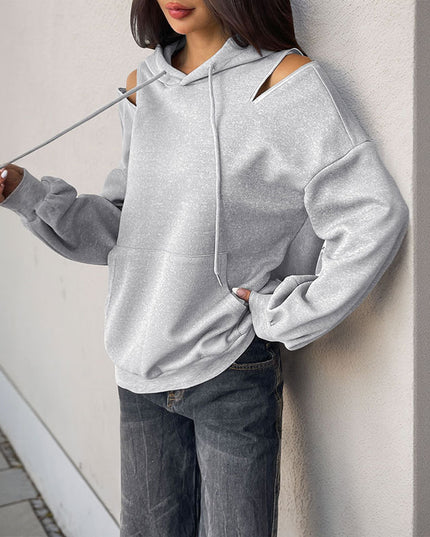 European And American Long Sleeve Drawstring Hooded Pullover Sweater Women's Solid Color High Grade Gray