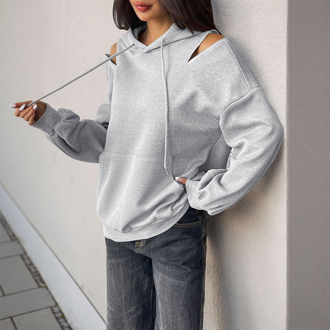 European And American Long Sleeve Drawstring Hooded Pullover Sweater Women's Solid Color High Grade Gray