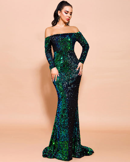 Sexy Strapless Long Sleeve Sequins Party Evening Dress