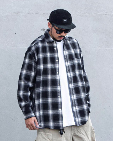 Japanese Style Plaid Long Sleeve Shirt Men Loose-fitting Workwear Jacket