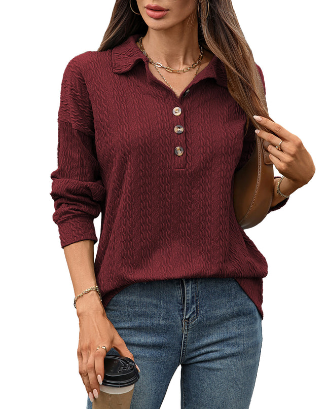 Solid Color Polo Collar Button Loose Long Sleeve Sweatershirt
